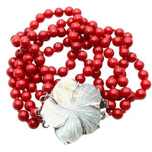 Red Coral Multi-Strand Carved Pearl Flower Sterling Silver Bracelet 7 Inch
